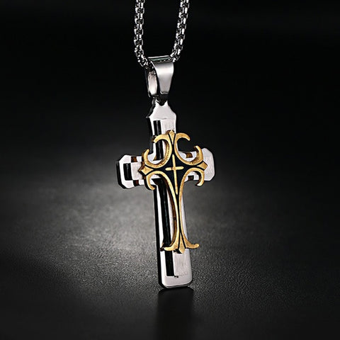 Fleur-de-lis Cross 3-Tone Pendant Necklace