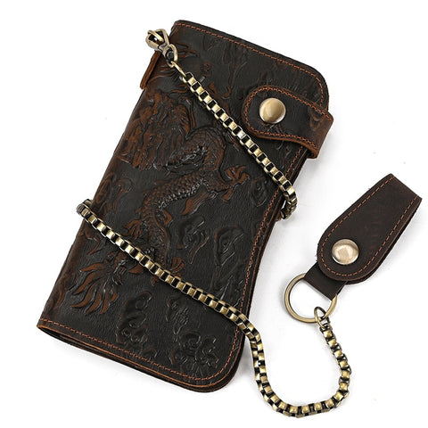 Biker Wallet - 100% Genuine Leather Brown Dragon Design