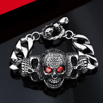 Heavy Red Stone Eyes Biker Skull Bracelet